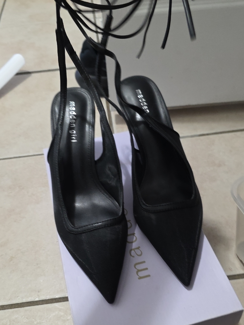 Madden Girl Black Pointed-Toe Lace-Up Slingback Heels